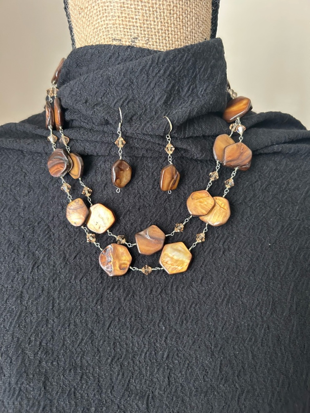 Natural Brown Shell Bead Double-Strand Necklace with Matching Earrings